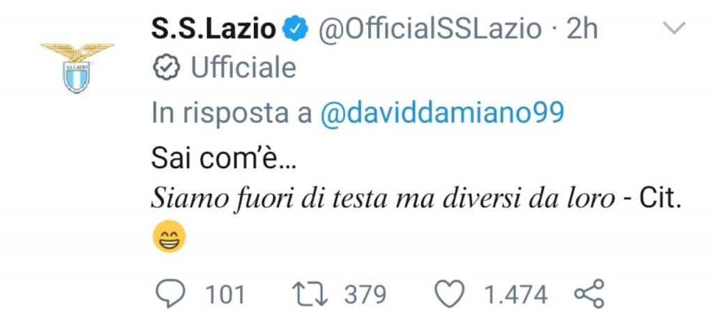 Risposta della Lazio sotto il tweet di Damiano David